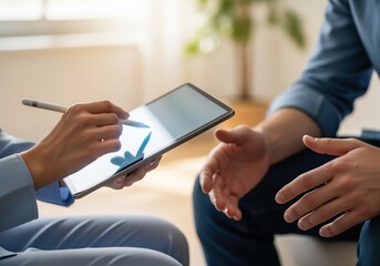 Therapist using digital tablet with stylus during a client consultation