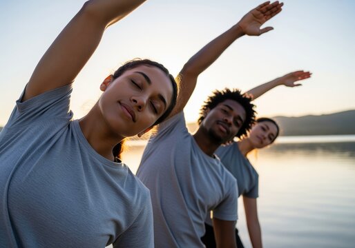Diverse group stretching arms up during outdoor yoga by calm lake - Powered by Adobe