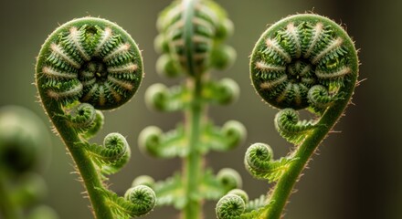 Symmetrical View of Unfurling Green Fern Fiddleheads with Intricate Patterns