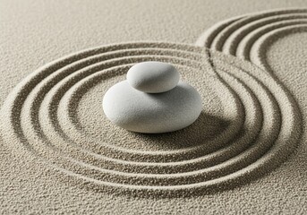 Naklejka premium Stacked smooth grey stones in a tranquil zen garden with raked sand patterns