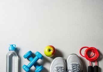 Fitness essentials flat lay with dumbbells, apple, and running shoes