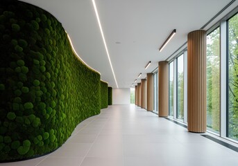 Obraz premium Biophilic office corridor with living moss wall and bright natural window light