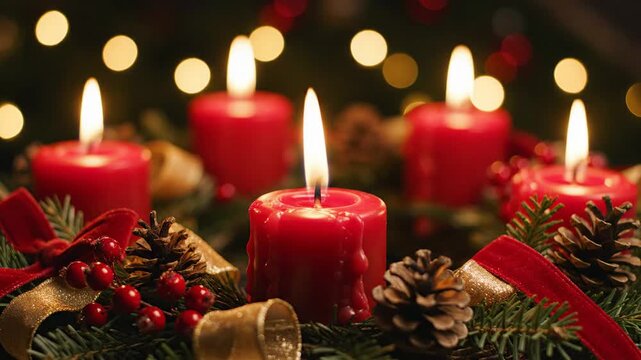 Traditional Advent wreath with four lit candles and festive decorations - Powered by Adobe