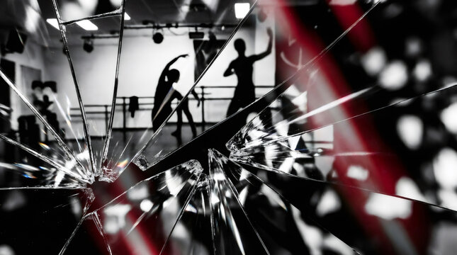 Silhouettes of dancers in a studio seen through shattered glass. Dramatic black and white concept of struggle, pain, and adversity. Abstract selective color composition with a red accent