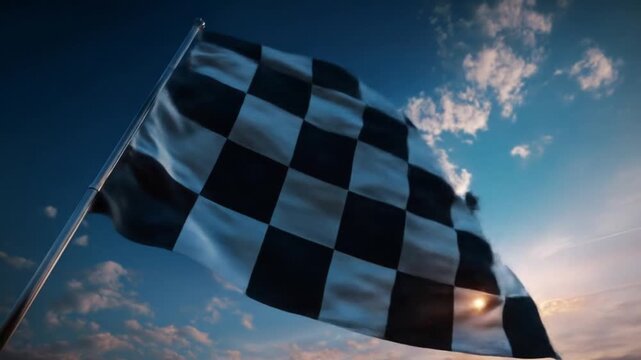 Checkered racing flag flaps against a sunlit sky with dramatic clouds and warm, glowing flare today