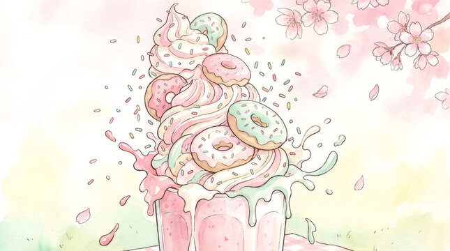 A cute watercolor illustration of a fantasy milkshake with donuts and sprinkles. Sweet pastel dessert drink with cherry blossoms for a spring theme concept