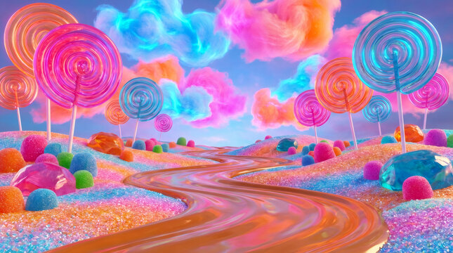 A surreal fantasy candy land landscape with colorful lollipops. A whimsical world with a caramel river and sugary hills. Sweet dreamscape background for children