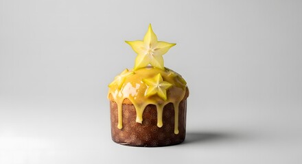 Close up of a panettone style cake with star fruit carambola on top and a yellow glaze dripping down the sides