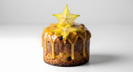 Close up of a panettone cake with caramel drizzle and star fruit carambola on a white background surface