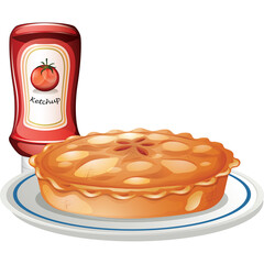 Golden Baked Apple Pie on a Plate Next to a Red Ketchup Bottle Against a White Background with a Transparent Background