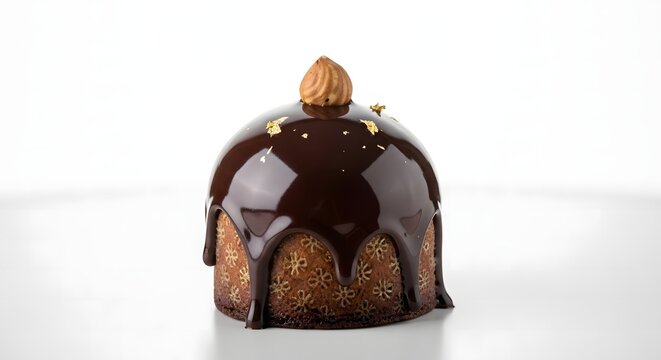 A domed cake with chocolate glaze and a hazelnut on top against a white background studio shot