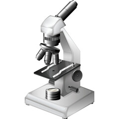 Detailed Scientific Microscope Illustration with Multiple Lenses and Adjustable Stage for Laboratory Research and Education in White and Silver Tones Isolated on Transparent Background