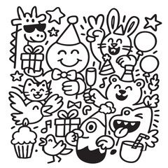 Party animal doodle happy cartoon birthday hat gift balloon cupcake music celebration