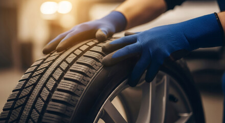 Man mechanic in gloves inspecting a winter car tire. Auto service and maintenance for safe driving in snowy and icy conditions.