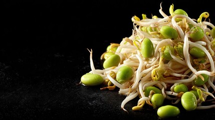 Close-up of fresh green sprouts and beans piled against a dark backdrop