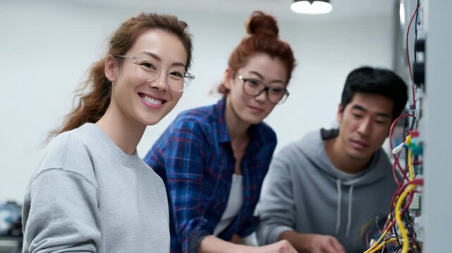 Asian engineers, teamwork, electrical project, smiling woman, workshop