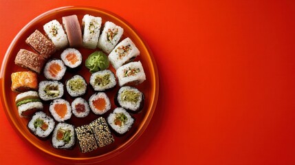 Assorted sushi rolls displayed on round orange plate with red background