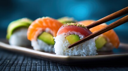 Sushi roll held by chopsticks against blurred blue background on dark wood
