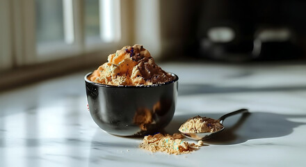 A bowl of cookie dough with a spoon on a marble countertop in a bright kitchen setting indoors