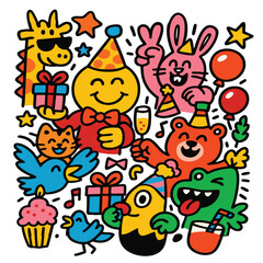 Party animal cartoon birthday hat gift balloon cheerful celebration colorful fun