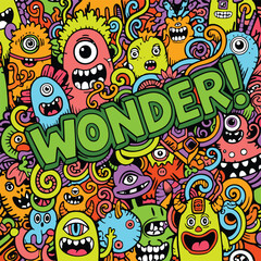 Wonderful colorful doodle monster pattern, playful cartoon creatures, vibrant and cheerful © Pakpong