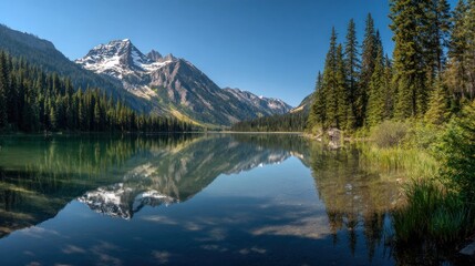 Mountain lake reflecting a serene sky