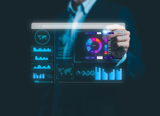A business professional interacting with a futuristic digital analytics dashboard featuring charts, data metrics, and AI elements, representing data-driven insights, performance tracking, and modern.