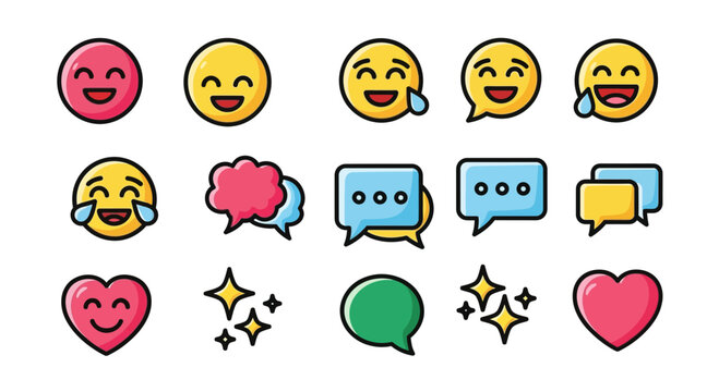 A vibrant collection of modern flat design icons featuring happy emojis, chat bubbles, and heart symbols for digital communication