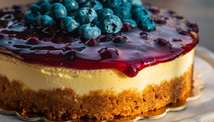 A close-up shot of a cheesecake topped with blueberry compote and fresh blueberries on a wooden surface with warm tones.