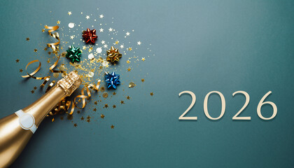Vibrant celebration of New Year 2026 with a popping champagne bottle, sparkling confetti, and colorful festive gifts on a stylish background, symbolizing joy and prosperity