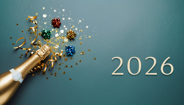 Vibrant celebration of New Year 2026 with a popping champagne bottle, sparkling confetti, and colorful festive gifts on a stylish background, symbolizing joy and prosperity