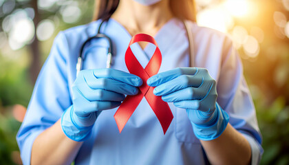Dedicated doctor supports AIDS awareness with a vibrant red ribbon symbolizing hope and unity for global health initiatives and medical breakthroughs