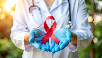 Doctor's hands gently holding red ribbon for AIDS awareness and support, symbolizing hope, care, and solidarity during World AIDS Day