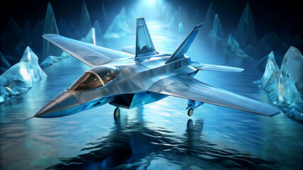 Futuristic fighter jet in an icy landscape a concept for advanced aerospace technology rendered with digital illustration