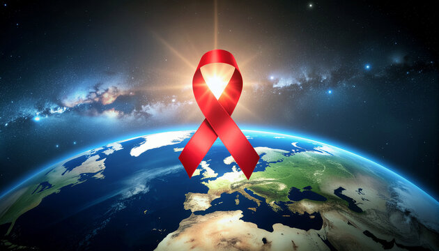 Show your support with this empowering image of a red ribbon symbolizing global awareness for HIV and AIDS on Earth against the vibrant backdrop of space