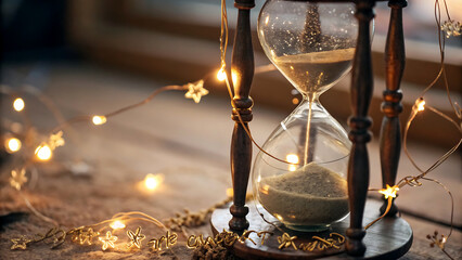 Hourglass with flowing sand surrounded by fairy lights a concept for time management and deadlines