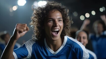 Energetic Soccer Player Celebrates Victory with Team in Stadium