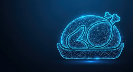 A digital wireframe depiction of a whole roasted chicken served on a platter against a dark blue background