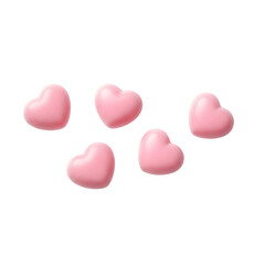 Obraz premium Five pink heart candies sweet and glossy isolated on a white background for Valentines Day or romantic themes