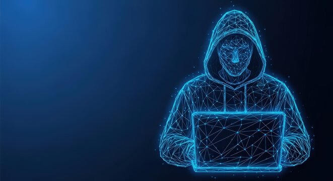 Anonymous hacker wearing a hoodie using a glowing laptop in a digital network