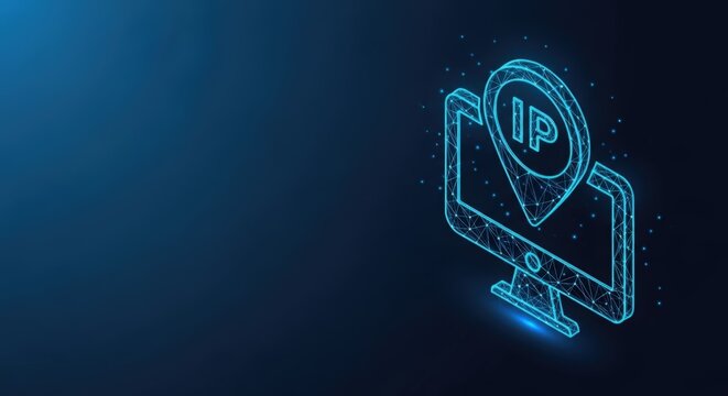 Digital computer screen displaying an IP address location pin icon with glowing blue wireframe lines and dots on a dark background representing network technology