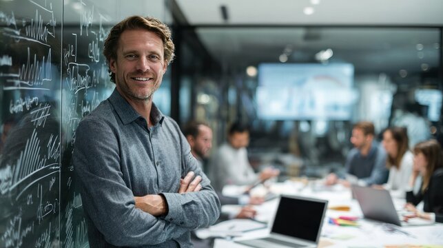 Poised Confidence: A focused business professional leans against a chalkboard wall, arms crossed, exuding leadership and experience amidst his team, as they work at a conference table