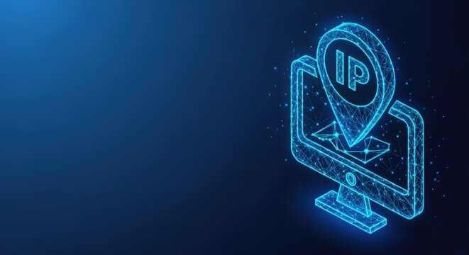 Digital screen displays internet protocol address location pin with glowing blue wireframe network graphics on dark background