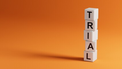 trial, word cube on wood background.close up of wooden elements,