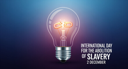 Lightbulb with a broken chain symbolizing freedom on International Day for the Abolition of Slavery, with the date December 2nd on a gradient blue background.
