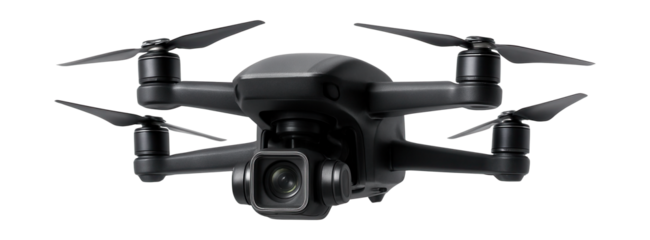 Quad-rotor surveillance drone with high-res camera gimbal.