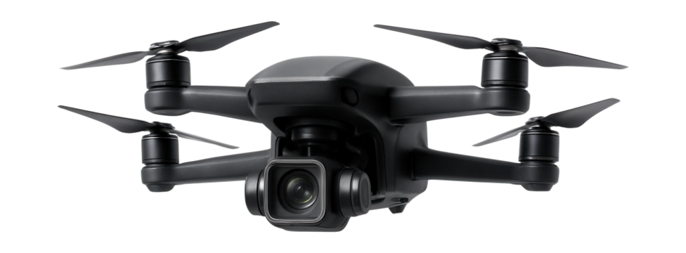 Quad-rotor surveillance drone with high-res camera gimbal.