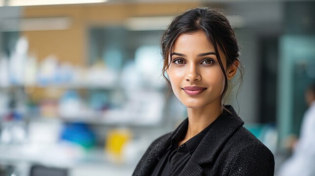 Scientific Precision: A portrait of a focused woman in a modern laboratory, capturing her intelligence and dedication to scientific research. 