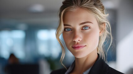 Confident Businesswoman: A portrait of a sophisticated businesswoman with captivating blue eyes, radiating self-assurance and poise, looking directly at the camera with a subtle smile.