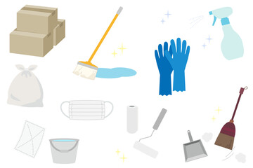 年末大掃除に使えるイラスト素材セット／整理整頓・掃除道具・生活用品